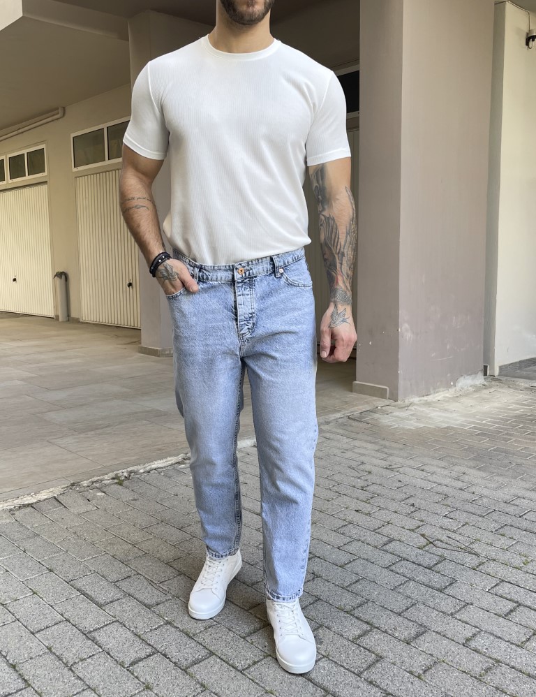 Ανδρικό μπλε χλώριο loose τζιν ξεβαμμένο πεντάτσεπο με κουμπιά 2842 φωτογραφία